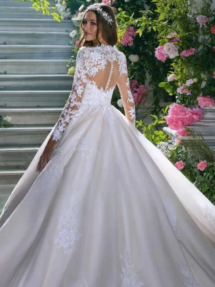 A Line High Neck Wedding Dress Covered Button Long Sleeve Appliques  Lace Beads Bridal Dresses Robe De Mariee Customized