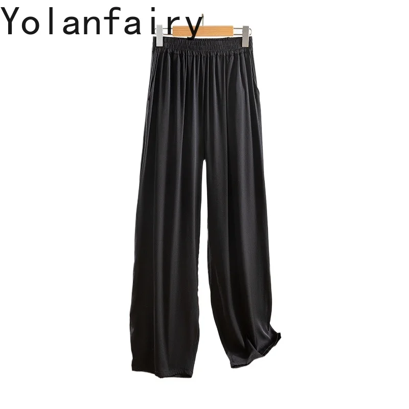 

YOLANFAIRY 92% Real Mulberry Silk Summer Pants Woman Elastic Waist Smooth Casual Pants Black Trousers Wide-leg Lantern Pants