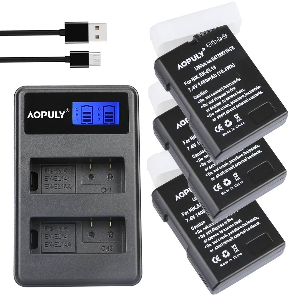 

AOPULY 3 шт. EN-EL14 ENEL14 EN EL14a + зарядное устройство с двумя USB-портами и ЖК-дисплеем для Nikon D3100 D3200 D5100 D5200 P7000 P7100 P7200 P7700 P7800
