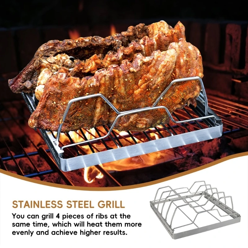 Metal Rib Cooker with 4 Sections, Hinged Stand for Barbecue and Oven Dishes, Open Wire Body for Cupboard Placement and D2RD