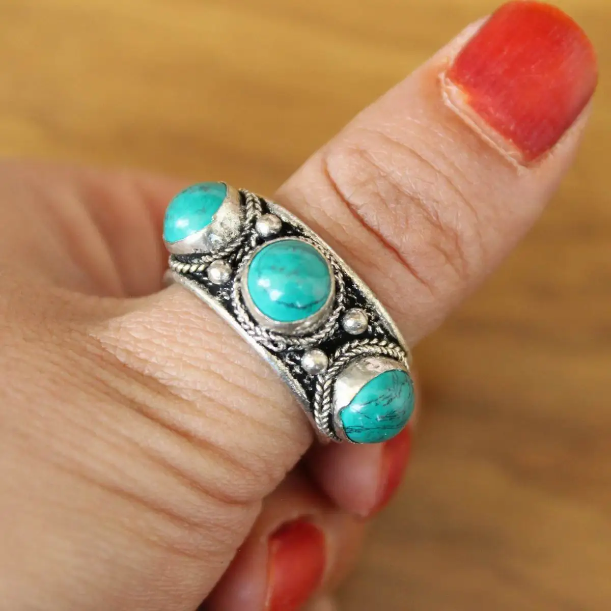 RG358 Tibetan Silver Metal Inlaid Three Turquoises Stone Beads Open Back Adjustable Ring