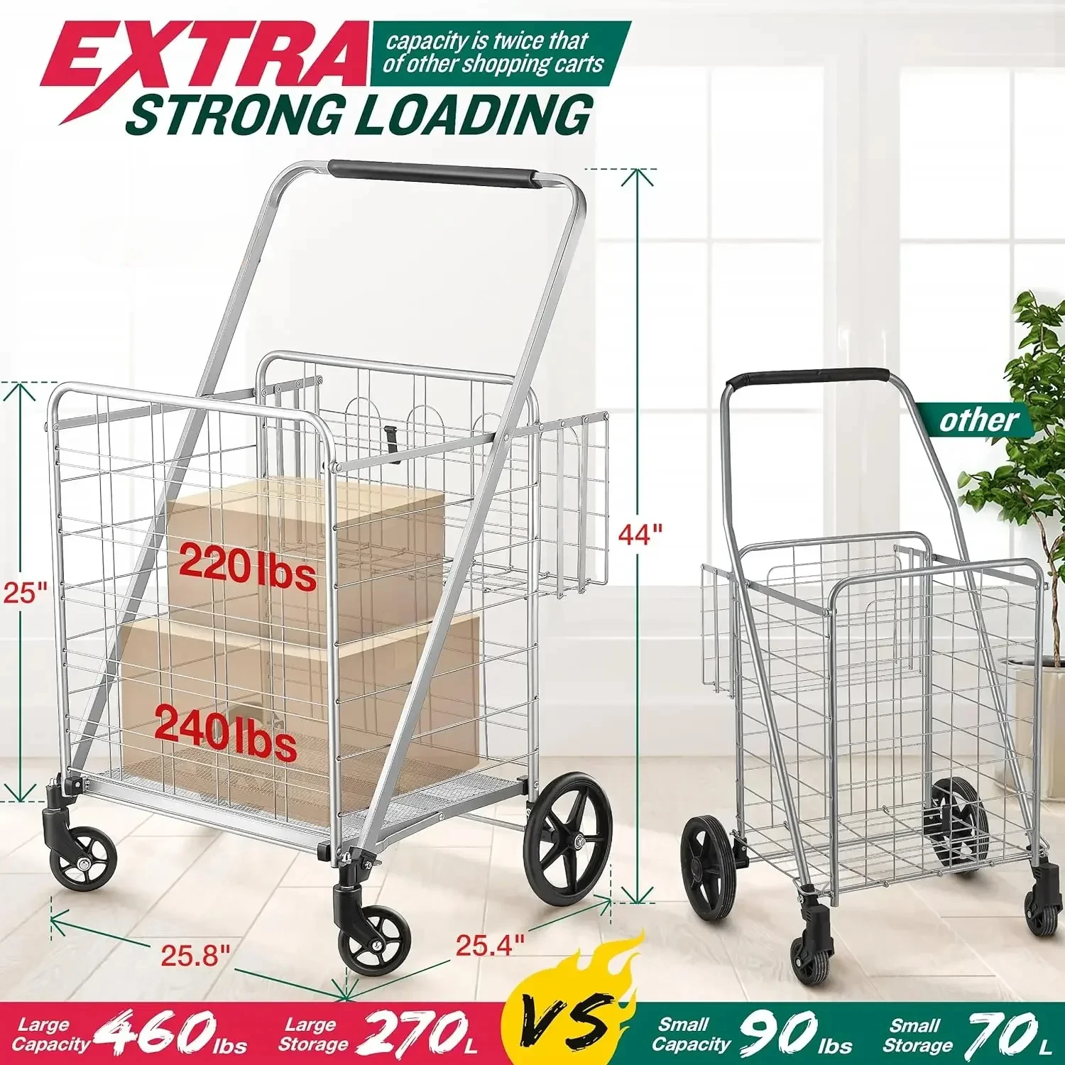 Shopping Cart, 460 lbs Upgrade Super Capacity Grocery Cart Extra Jumbo Double