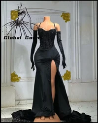 Black Sweetheart Bead Crystal Evening Dresses Rhinestone 2024 Birthday Luxury Dress Pleat Split Formal Gown Glove Customized