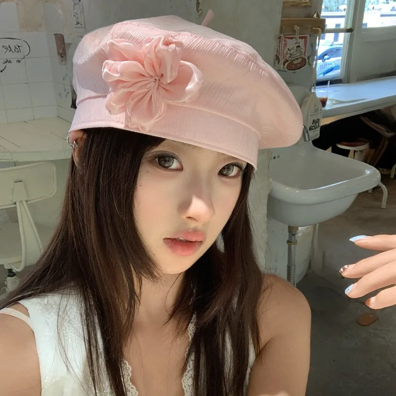 Korean Pink Three-dimensional Flower Berets Women's Spring and Summer Thin Breathable Literary and Versatile Casual Painter Hat