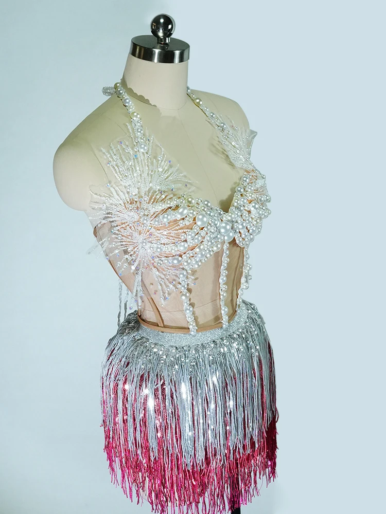 

Drag Queen Cabaret Performance Costume Pearl Tassel Two Piece Set Women Contour Gown Professional Stage Nightclub Birthday Glow