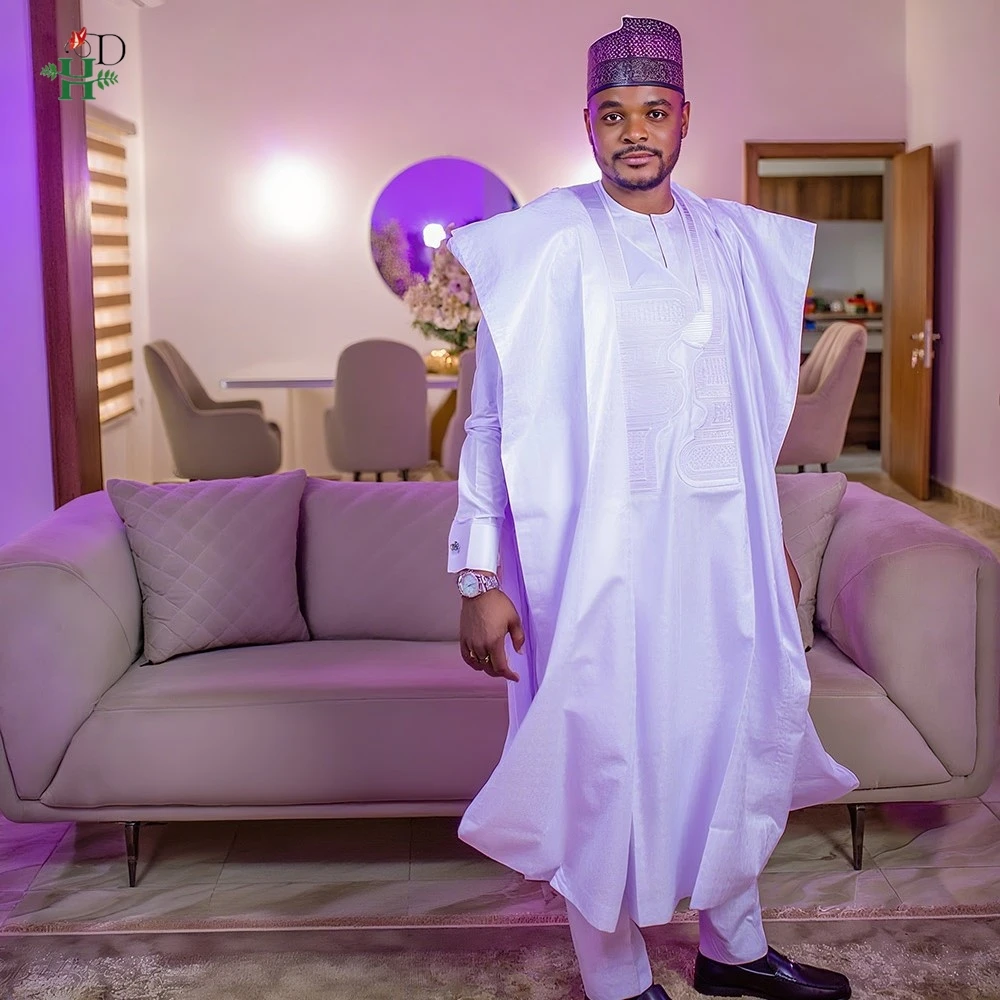 Ropa africana bordada Bazin Riche Bubu vestido para hombres fiesta de iglesia boda Thobe 3 piezas Top y pantalones traje blanco conjunto uso diario