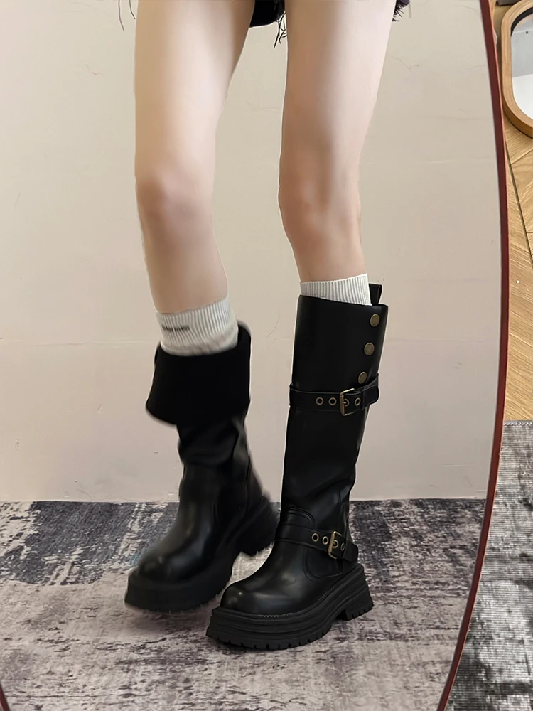 

Faionable Thi Bot High Top Leather Boots Women's Autumn Winter New Sle Retro All-Match Knight Boots Korean Sle
