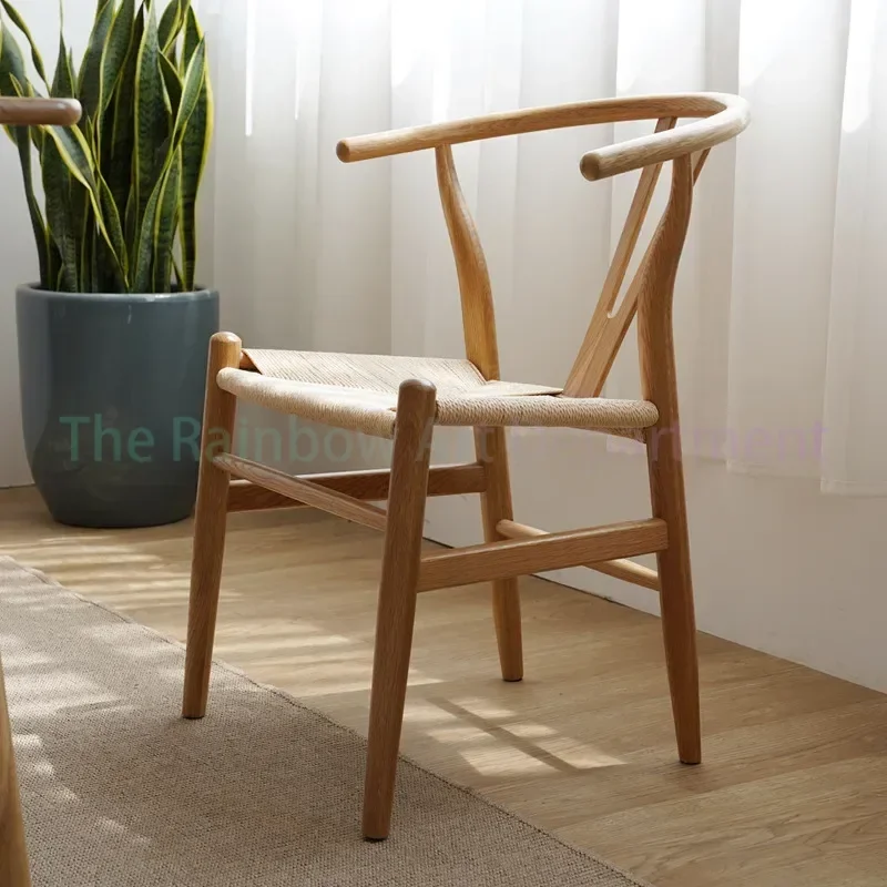 Dining Chair Oak Solid Wood Retro Backrest Dining Chair Rope Woven Hemp Portable Chairs Nordic Kitchen Modern Chairs Wooden