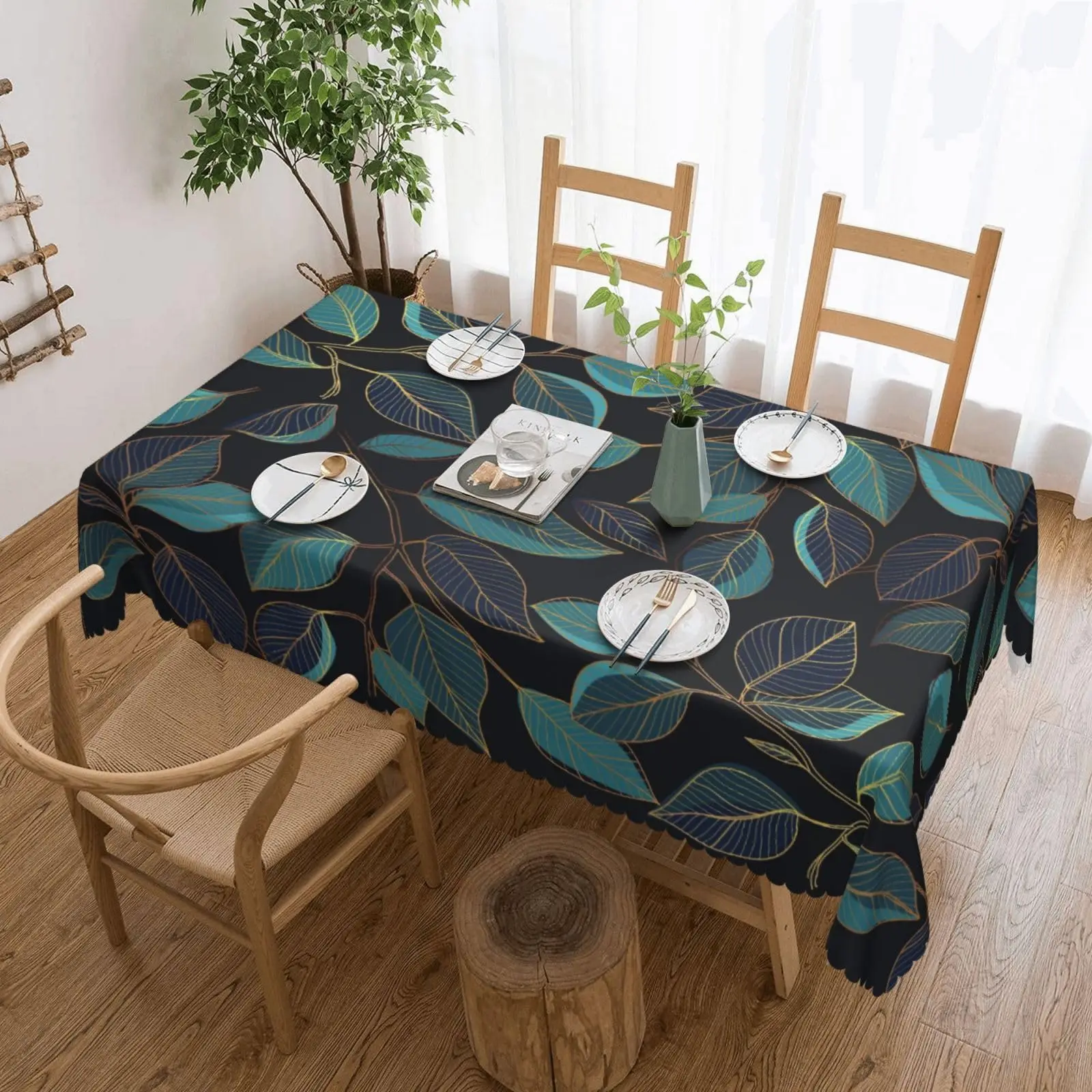 Vintage Teal & Blue Leaf Print Tablecloth, Gold Stamping Pattern Table Cover for Dining Room Kitchen Patio