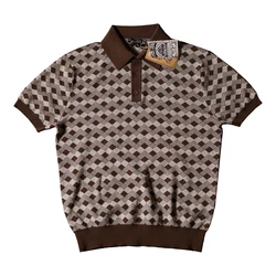 Men's Knitted Polo Shirt Diamond Pattern Short Sleeves Formal Casual Classic Style Vintage Tees