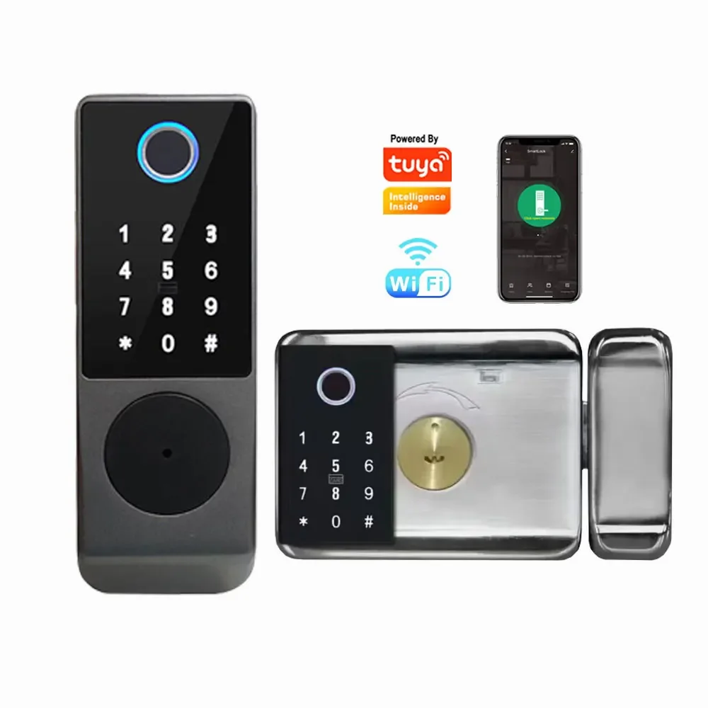 

factory Luxury TUYA WIFI Digital Door Knob Rfid Card Key Digit Fingerprint Smart Lock Double-sided Fingerprint Rim Door Lock R07