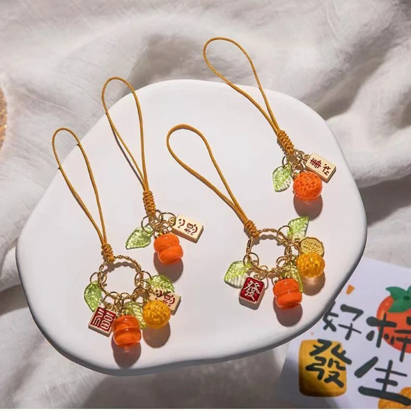 Chinese Good-luck Sayings Style Phone Charm Strap Cute Orange Persimmon Phone Rope Pendant Keychain for IPhone 16