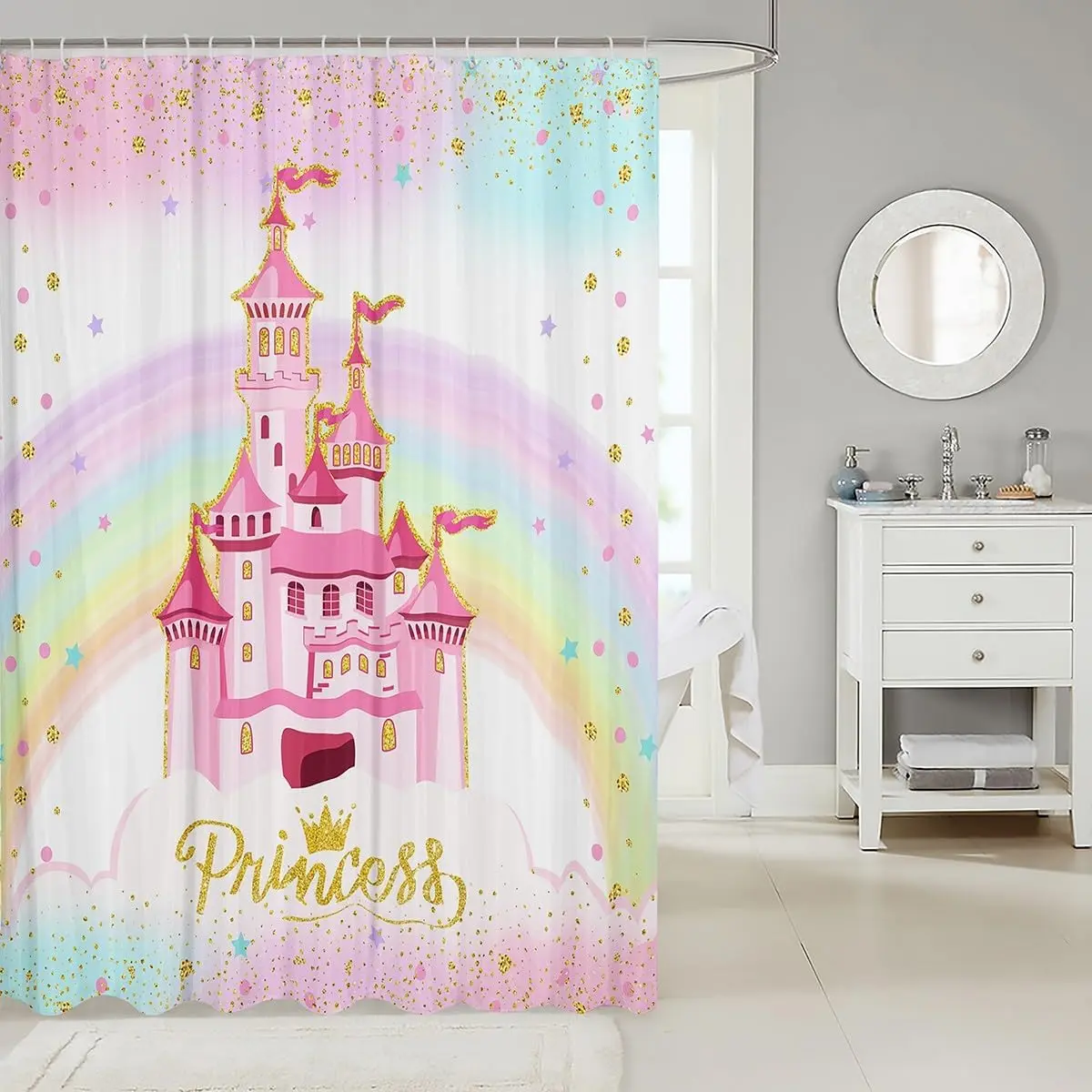 Princess Castle Shower Curtains,Starry Rainbow Sky Golden Sequins Glitter Bath Curtain,Fantasy Fairy Tale Girls Pink Cloth