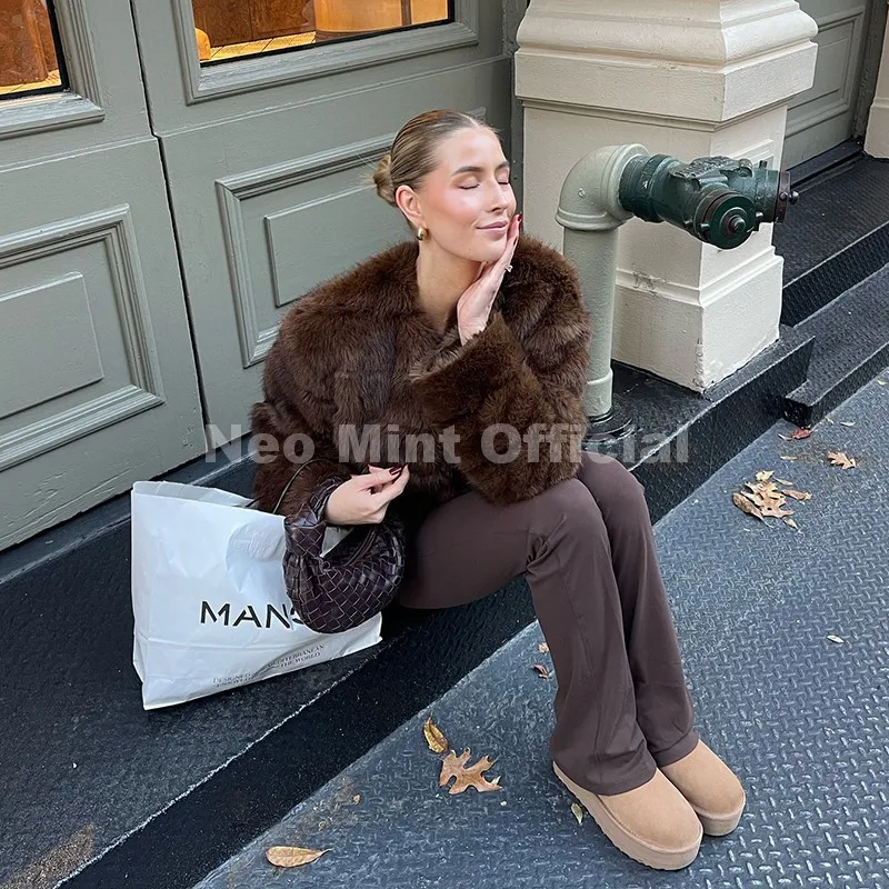 Neo Mint Vintage Brown Patchwork Fur Coat Women Winter 2025 Luxury Brand Fashion Faux Fox Fur Jacket Chic Street Girl Overcoats