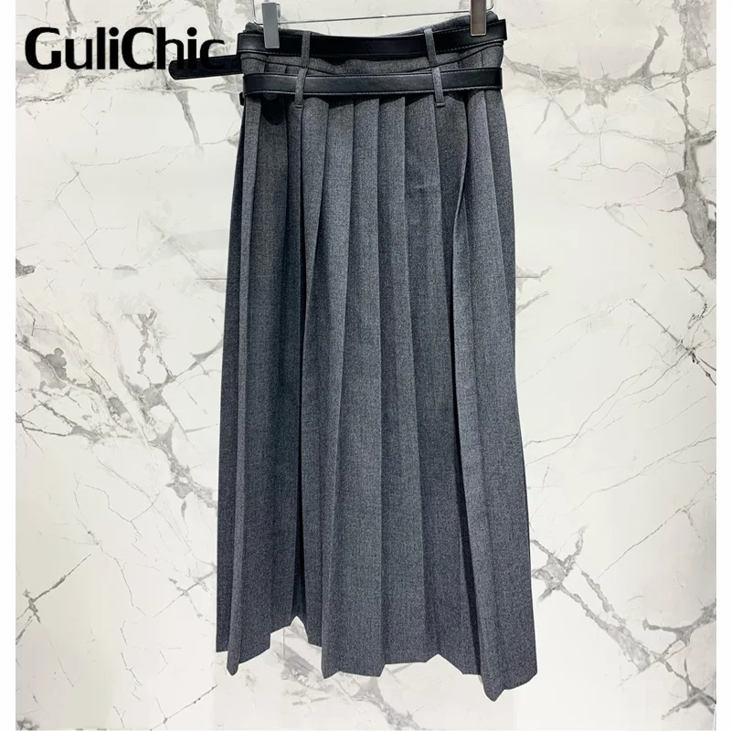 8.14 GuliChic Women High Quality Temperament Fashion Double Belt Design Side Split Pleated Long SKirt Or Mini Skirt