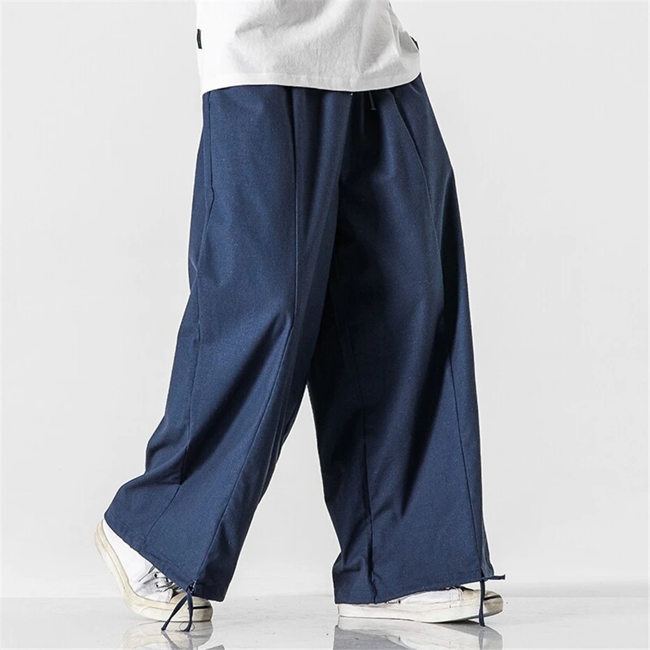 Large Size Thin Joggers Pants Mens Summer Cotton Linen Harem Trousers Men Harajuku Vintage Chinese Style Baggy Wide-leg Pant