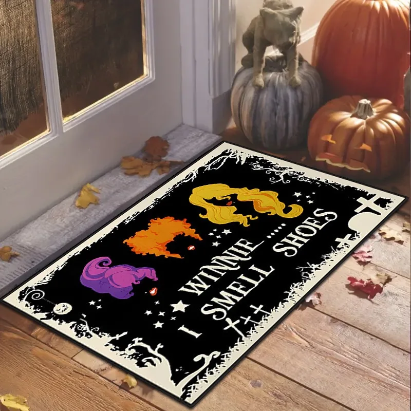Neon Halloween Door Mat Bright Rainbow Pumpkin Star Pattern Waterproof Entrance Rug Spooky Festival Home Decoration Carpet