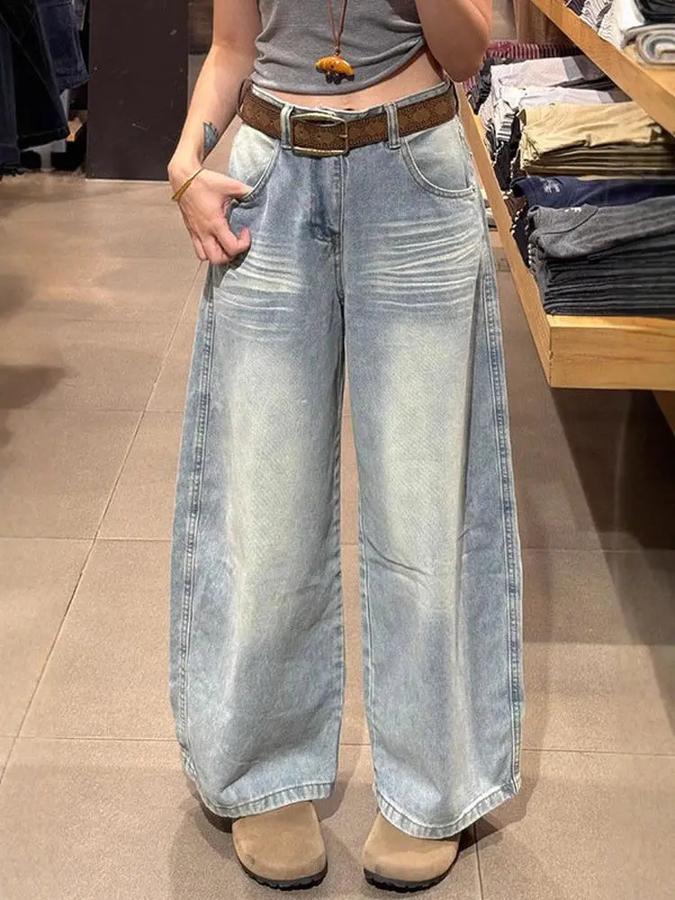 

plus Size American Retro Washed Wide Leg Jeans Women Loose Pocket Embroidery Design Slimming Knife Pants High Waist Denim