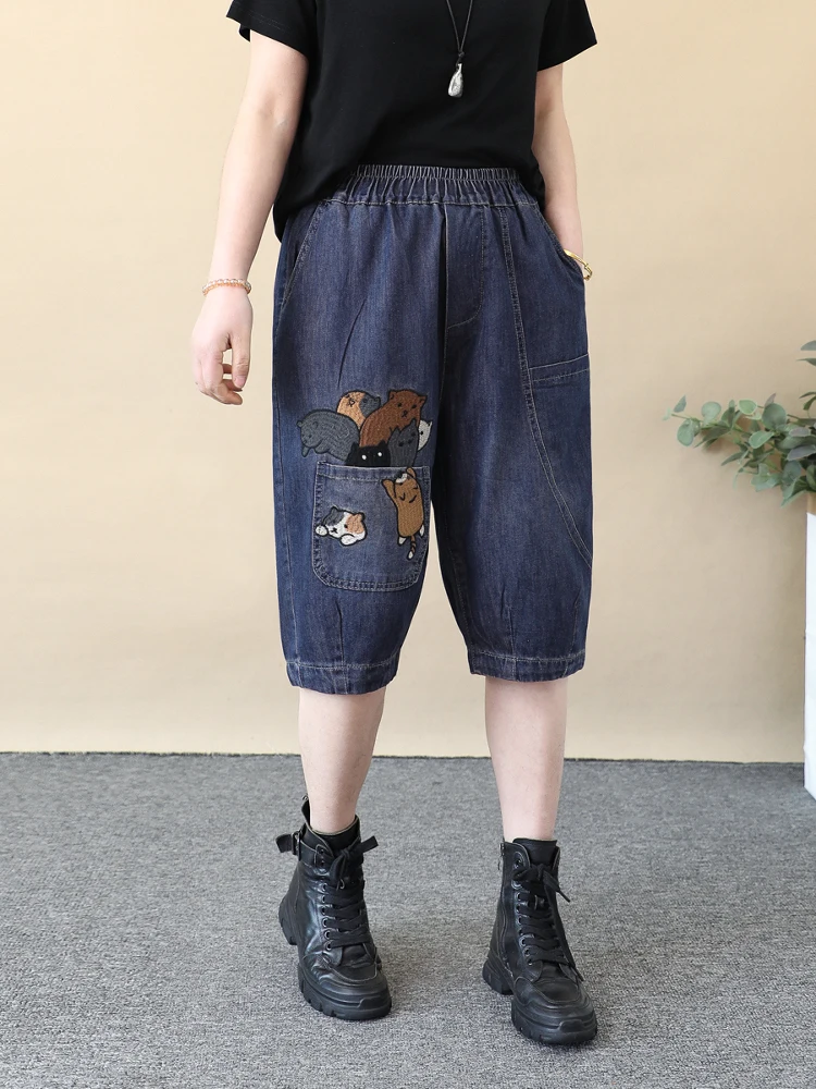 

Cartoon Squirrel Embroidered Slim Fit Jeans Women's Loose plus Size Straight Leg Cuffed Five-Minute Mid-Pants Thin Denim