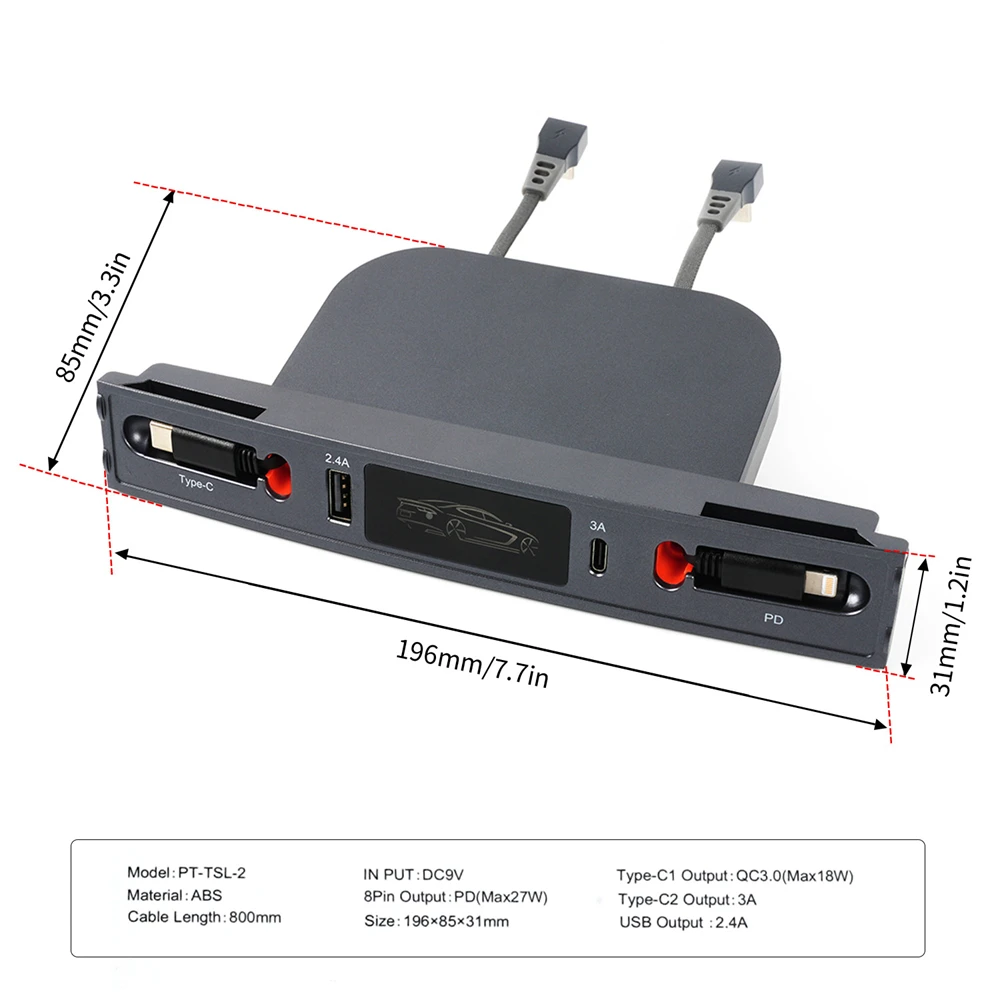 Docking Station inteligente para Tesla, carregador rápido, hub de derivação USB, divisor de controle central, linha 80cm, 3 modelo Y, 27W