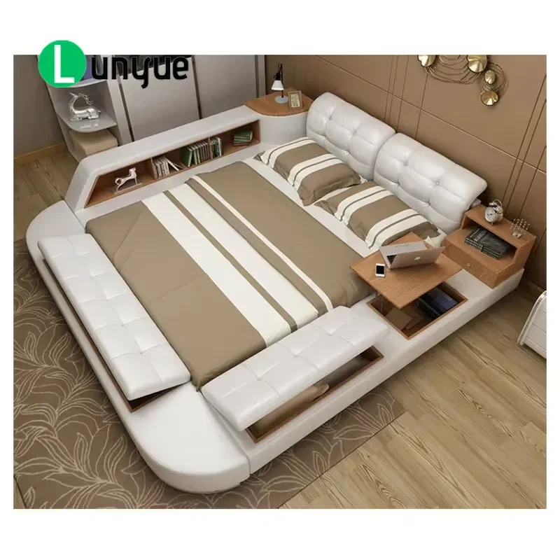 Smart Leather Bed with Massage Hidden Safe Storage Speakers Lift Mechanism Coffee Table for Bedroom Modern Furniture