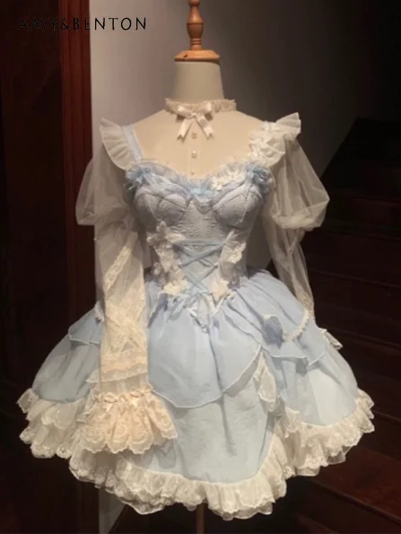 

Girly Style Princess Lolita Dress Cute Ruffle Edge Three-dimensional Flower Slim Suspender Mini Dress Birthday Dress for Women