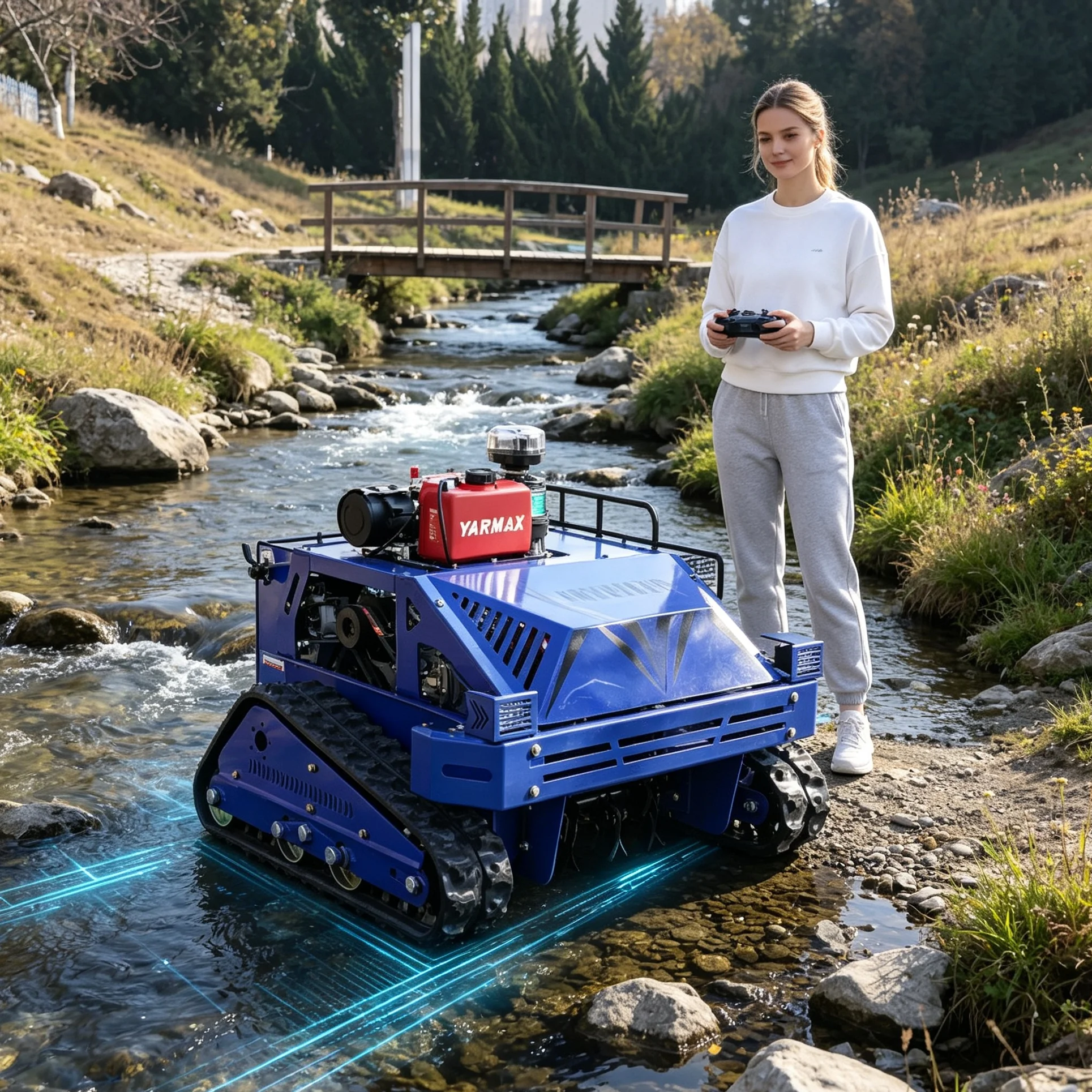 Customized Rural Road Green Belt 550S Zero‑Turn Intelligent Lawn Mower, Durable Blue Housing, Upgradeable Industrial Remote