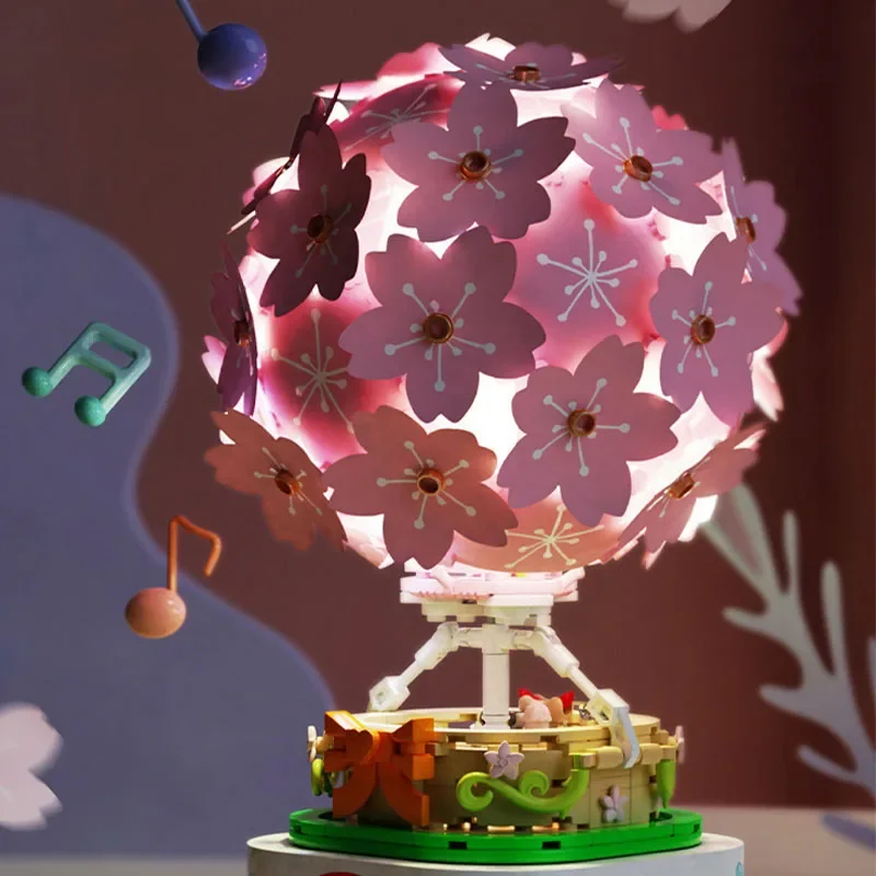 Sakura-globo de aire caliente para niños, bloques de construcción, caja de música giratoria, regalo de cumpleaños y vacaciones, juguetes educativos de montaje