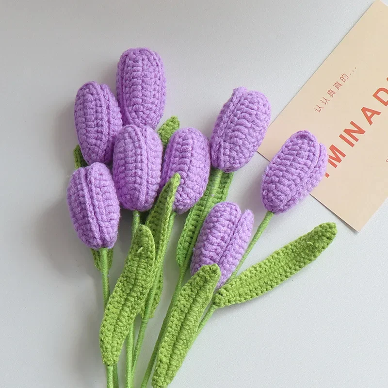 1pc Crochet Tulips Flower Colorful Finished Knitted Flowers Creative Artificial Tulips Bouquet Wedding Party Home Decor