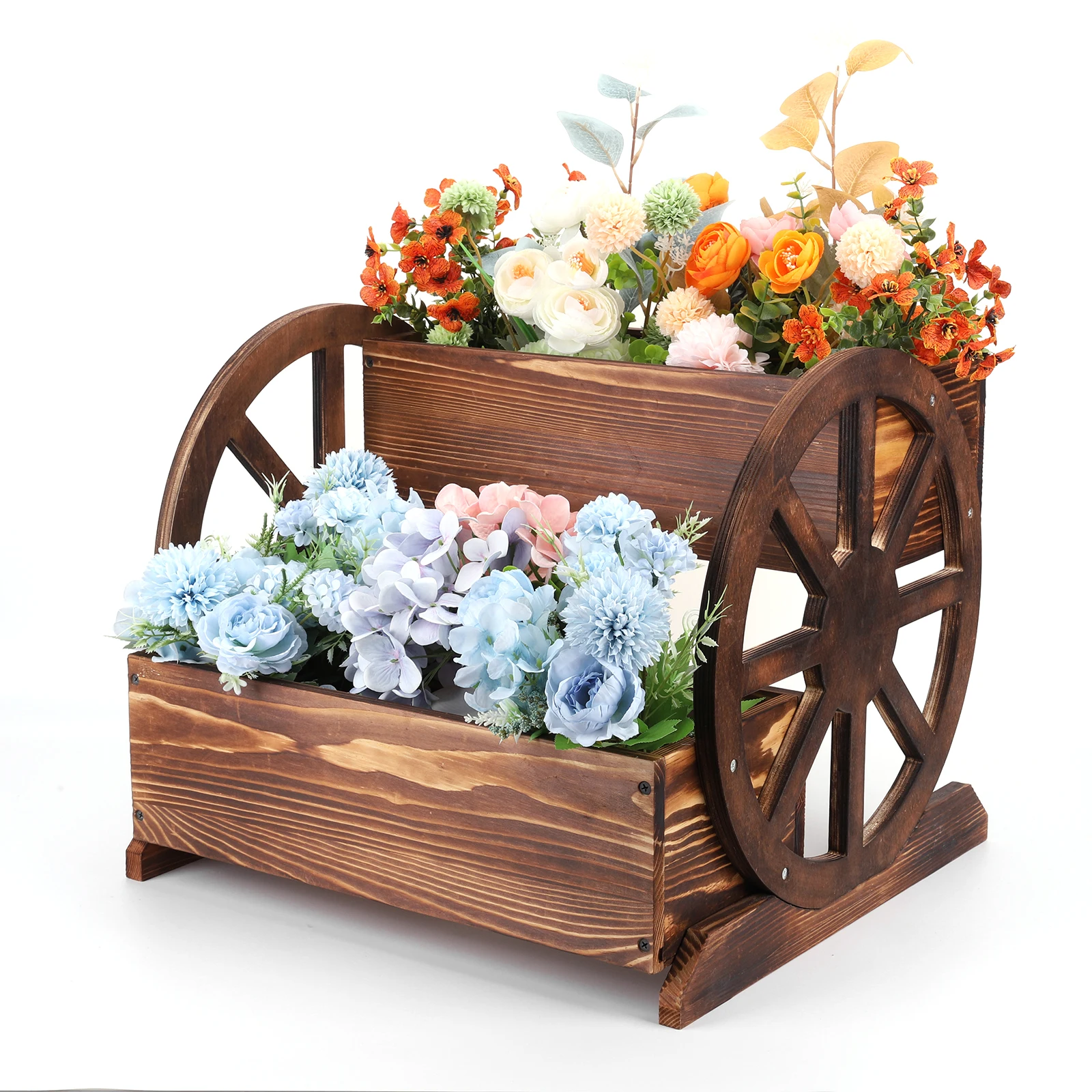

Wooden Wagon Planter Box with Wheels Wheelbarrow Planter Flower Cart for Indoor Outdoor Patio Garden Balcony Backyard