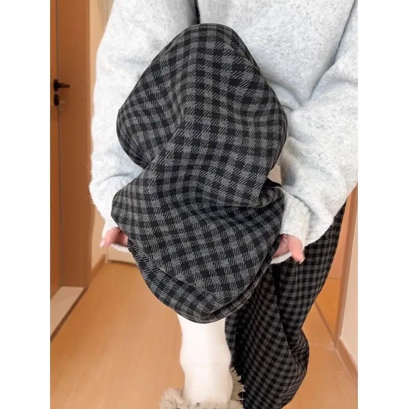 

Широкие брюки в сетку, женские осенне-зимние шерстяные брюки в стиле ретро с высокой талией, сохраняющие тепло, повседневные брюки, прямые брюки для девочек, оптовая продажа