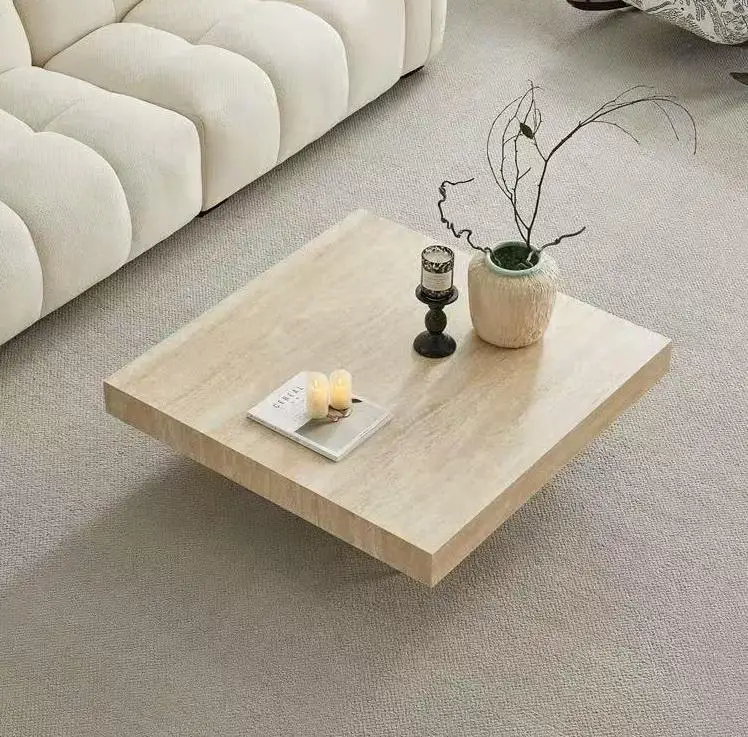 *Modern Travertine-top Coffee Table with clear Acrylic Legs Lightweight Elegance for Living Rooms or Cafes.