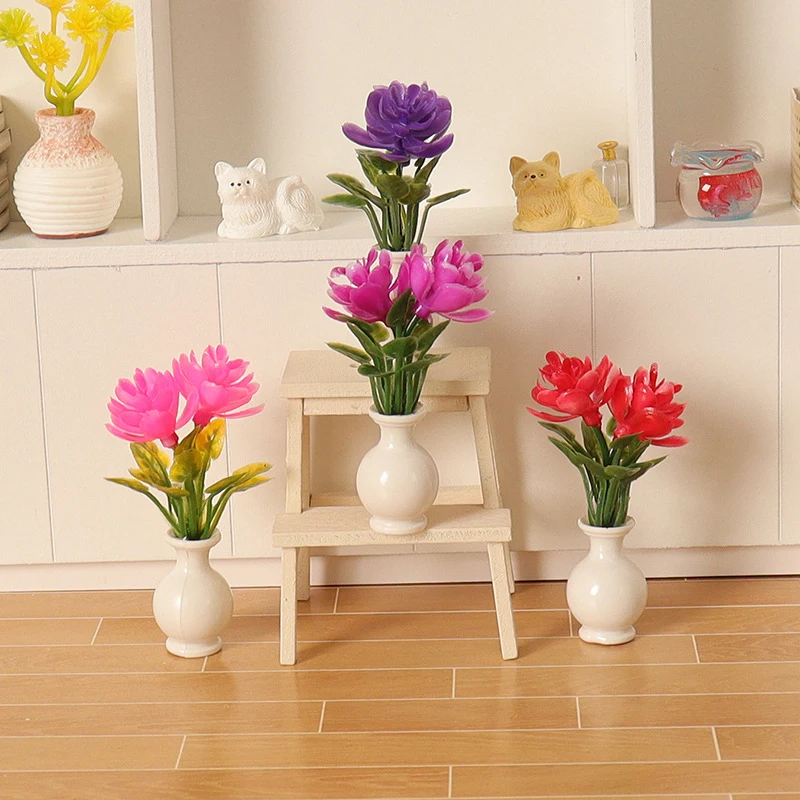 1:12 Dollhouse Miniature Colorful Flowers Vase Potted Plants Flowerpot Bonsai Model Doll House Garden Home Decor Toy Accessories