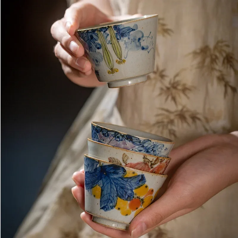 Jingdezhen-Ceramic Chinese Kung Fu Tea Cup Hand-painted Tea Cup Glazed Color Retro Single