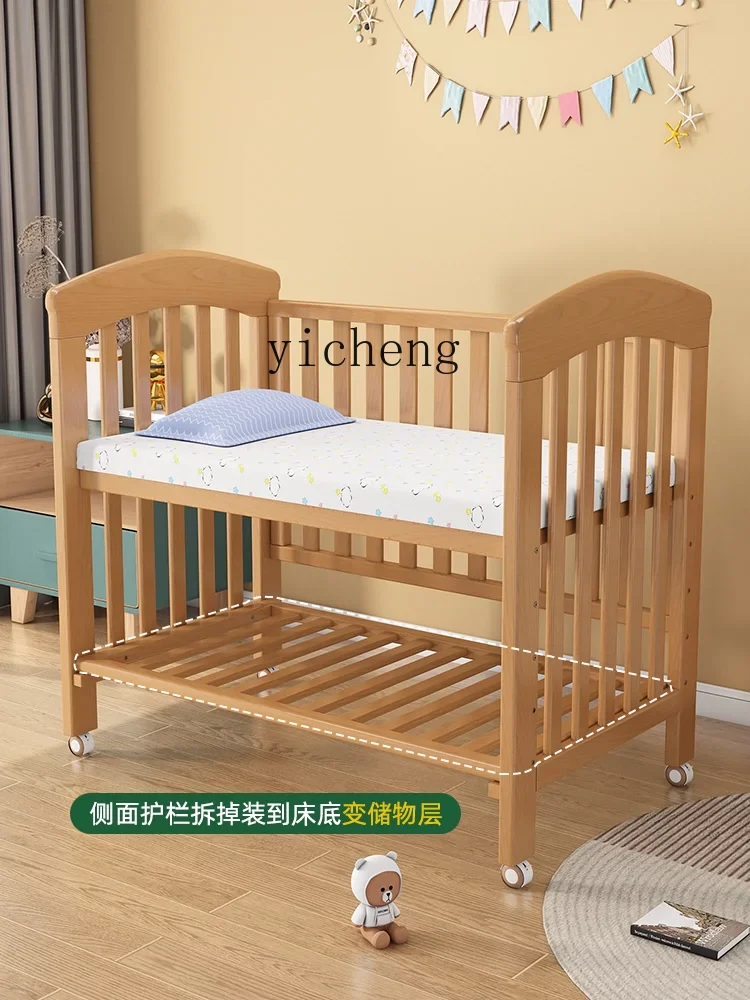 Tqh Children's Stitching Widened Babies' Bed Beech Stitching Bed with Fence Double-Layer Mobile Cradle Crib