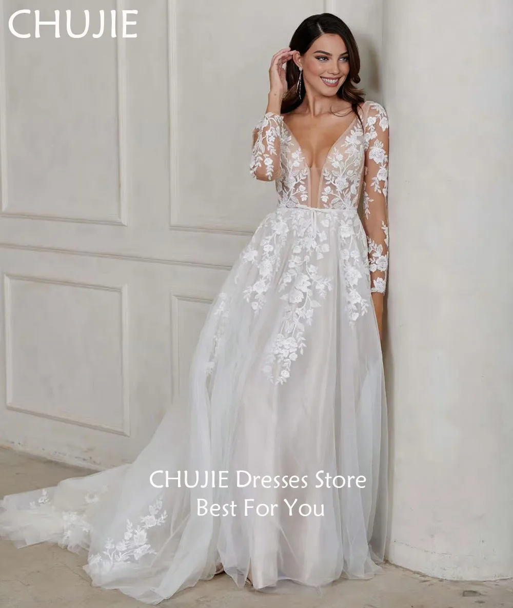 

White Long Sleeve Bridal Gowns Deep V Neck Wedding Dresses Woman Bride Dress Vestido de novia свадебное платье Customized