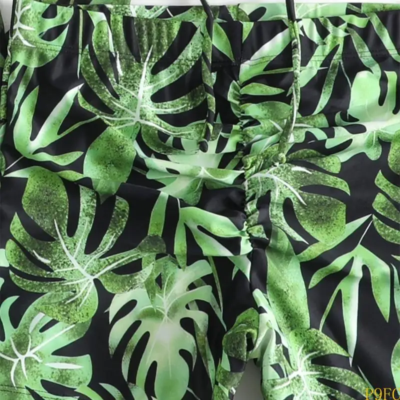 بدلة طباعة أزياء P9FC مجموعة للنساء ملابس السباحة مع التستر على الشاطئ Kimono High Weist Boyshorts زي السباحة المبطنة