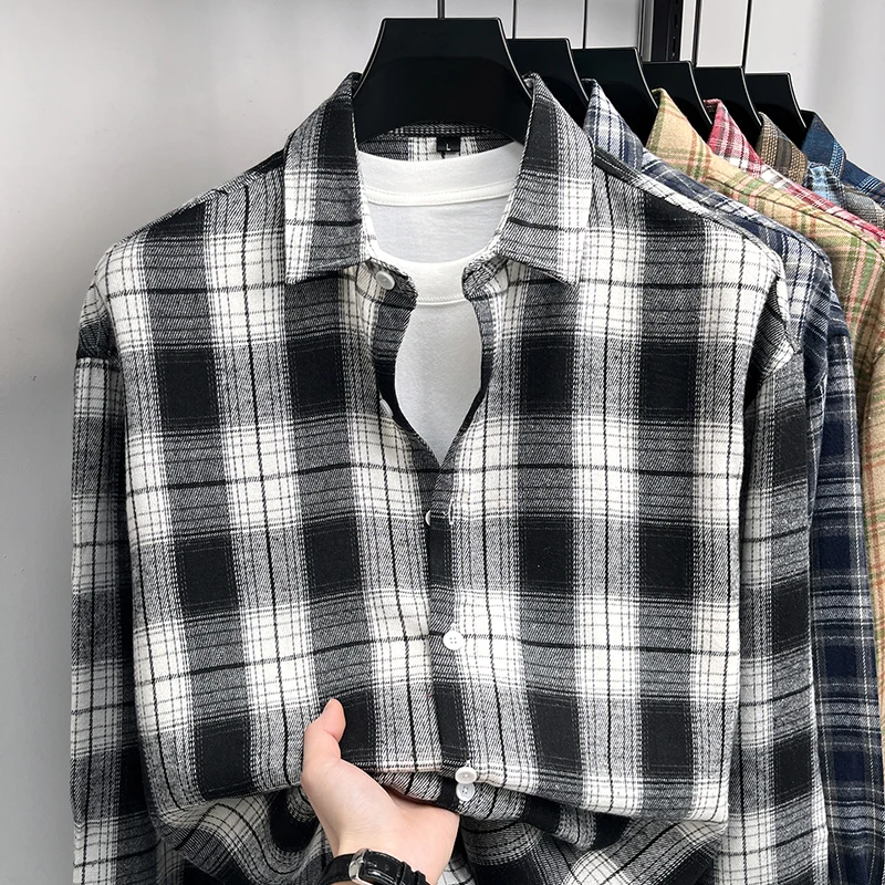 

American Retro Checkered Shirt, Men's Summer Trendy Brand Vibe High Street Long Sleeved Shirt, Youthful Style Lapel Jacket