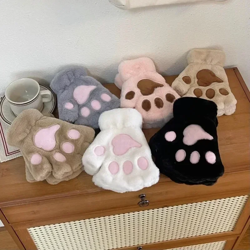 kkjoy Lovely Fluffy Plush Animal Paw Gloves Cat Claw Bear Paw Design Warm Soft Short Half Fingerless Costume Cosplay Cute Gloves