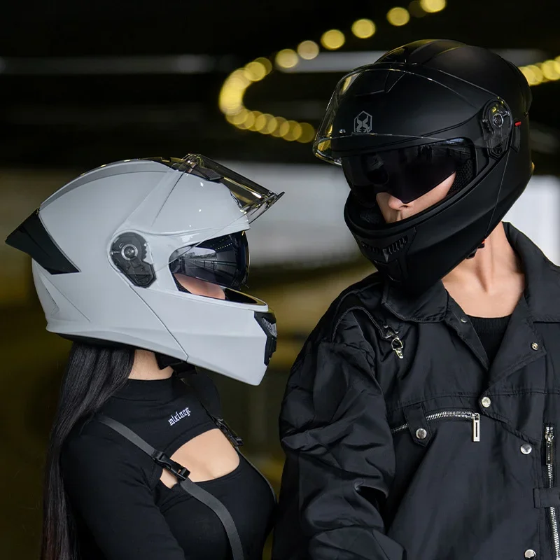 Alta qualidade dot certificado das mulheres dos homens elétrica moto flip-up capacete facial duplo espelho viseira segurança corrida dois uma cena capacete