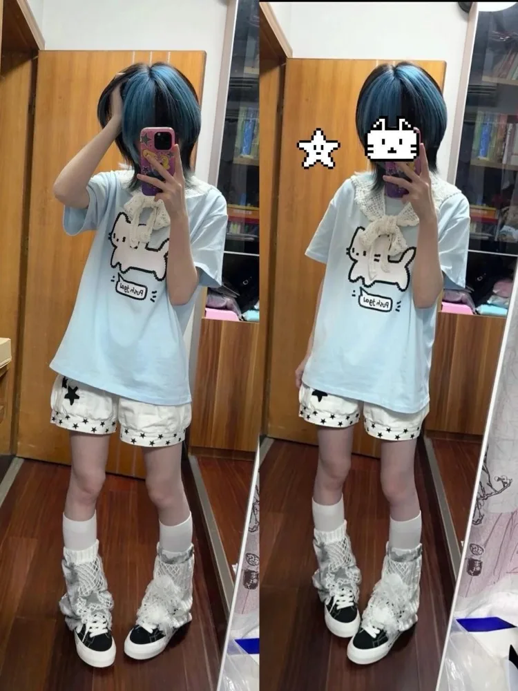 

Topenomi милые футболки с короткими рукавами и принтом кота, женские летние свободные повседневные футболки с круглым вырезом, милые японские универсальные футболки Y2k