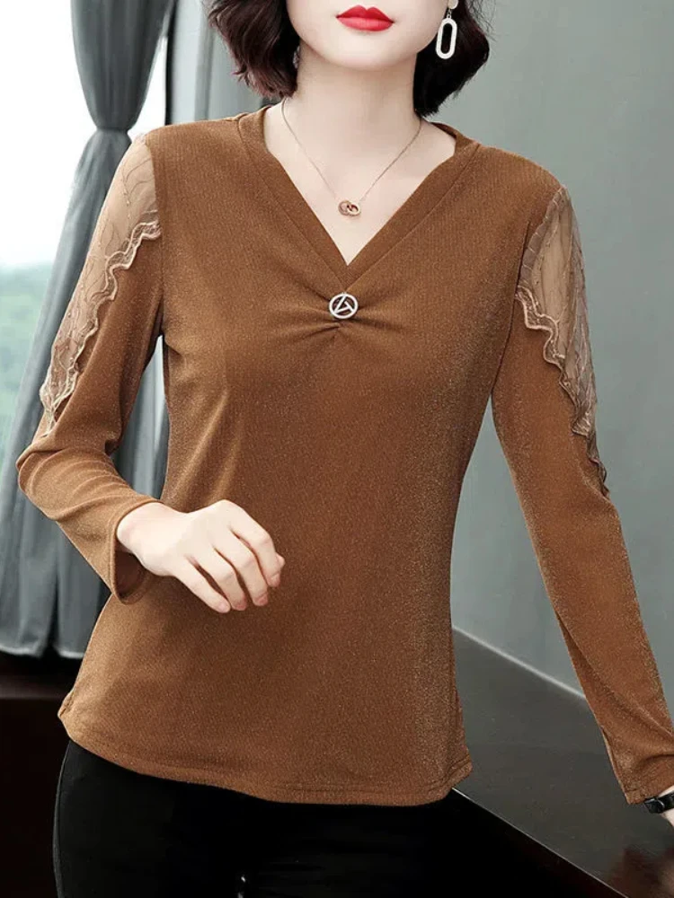 New Spring and Autumn Women's Style V-Neck Long Sleeve Loose Spliced Gauze Classic Pullovers Trendy Commute All-match Tops