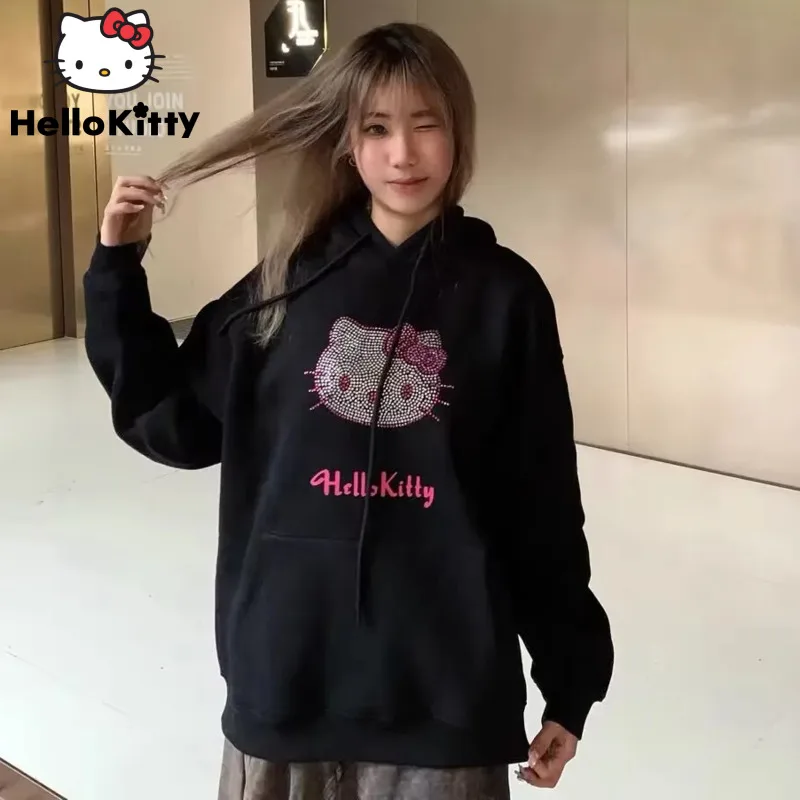 

Sanrio Hot Diamond Hello Kitty Women Hoodie American Street Couple Trend Sweatshirt Y2k Preppy Girls Autumn Winter Clothing New