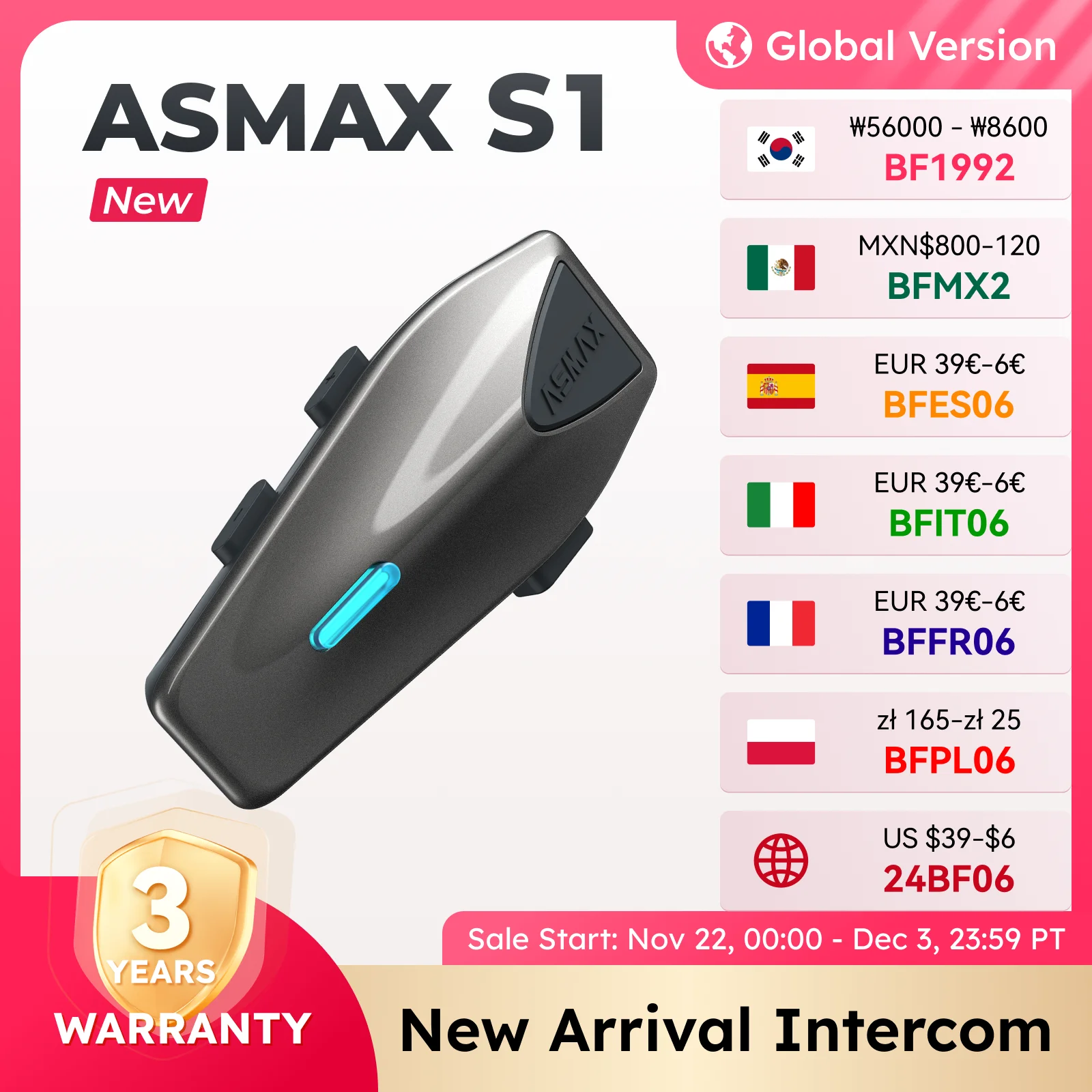 ASMAX S1 Bluetooth Motorcycle Intercom with FM Radio, Noise Cancellation, Waterproof, 8 Riders Interphone Helmet Headset