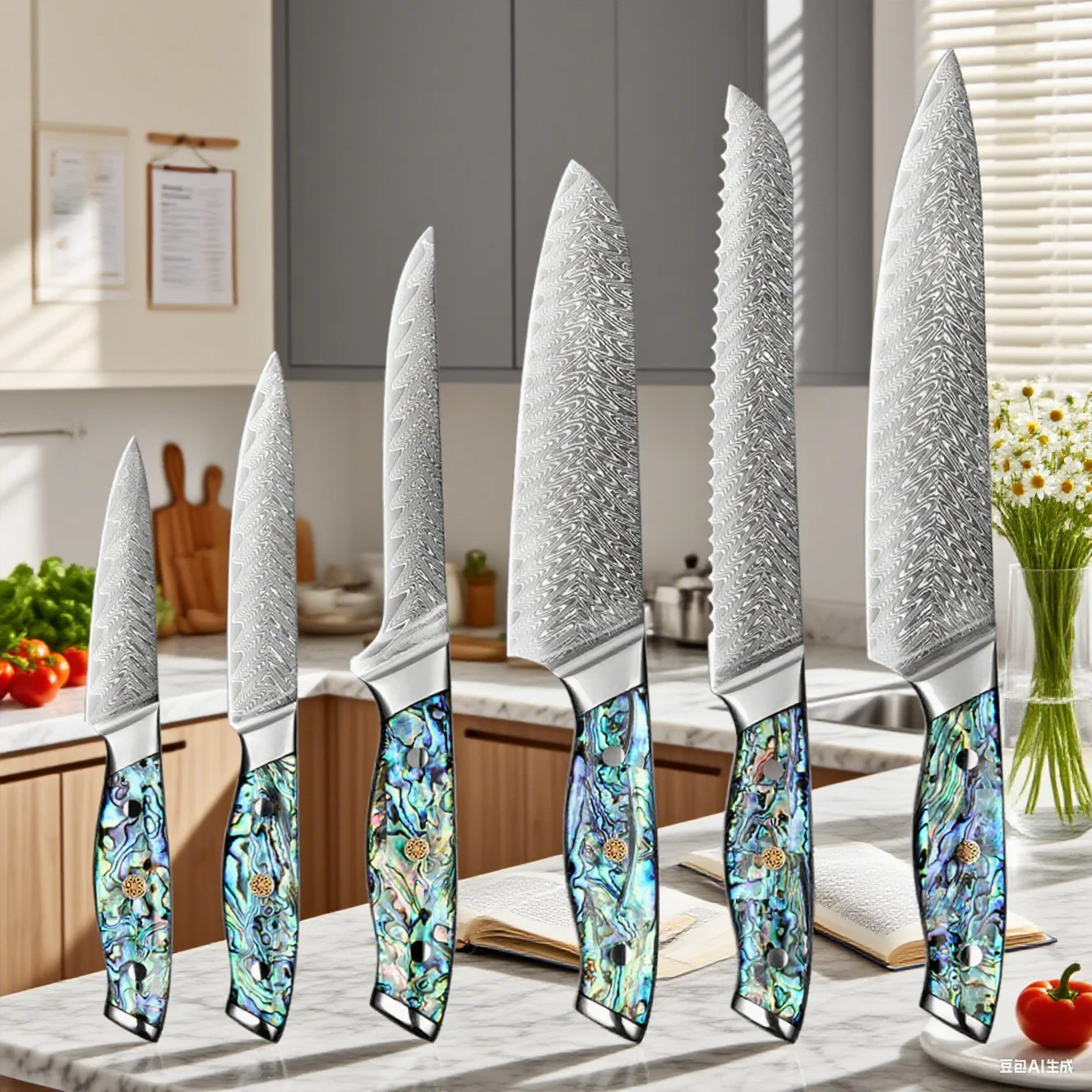 

Premium Damascus Steel 1-6PCS Kitchen Knife Set Professional Chef's Knife Serrated Sharp Bread Knife Fine Abalone Shell Handle