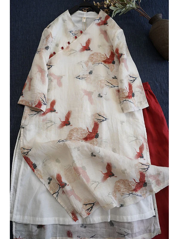 Retro chinês sle floral impressão dr feminino verão vento gola inclinada botão dupla camada saia melhorada