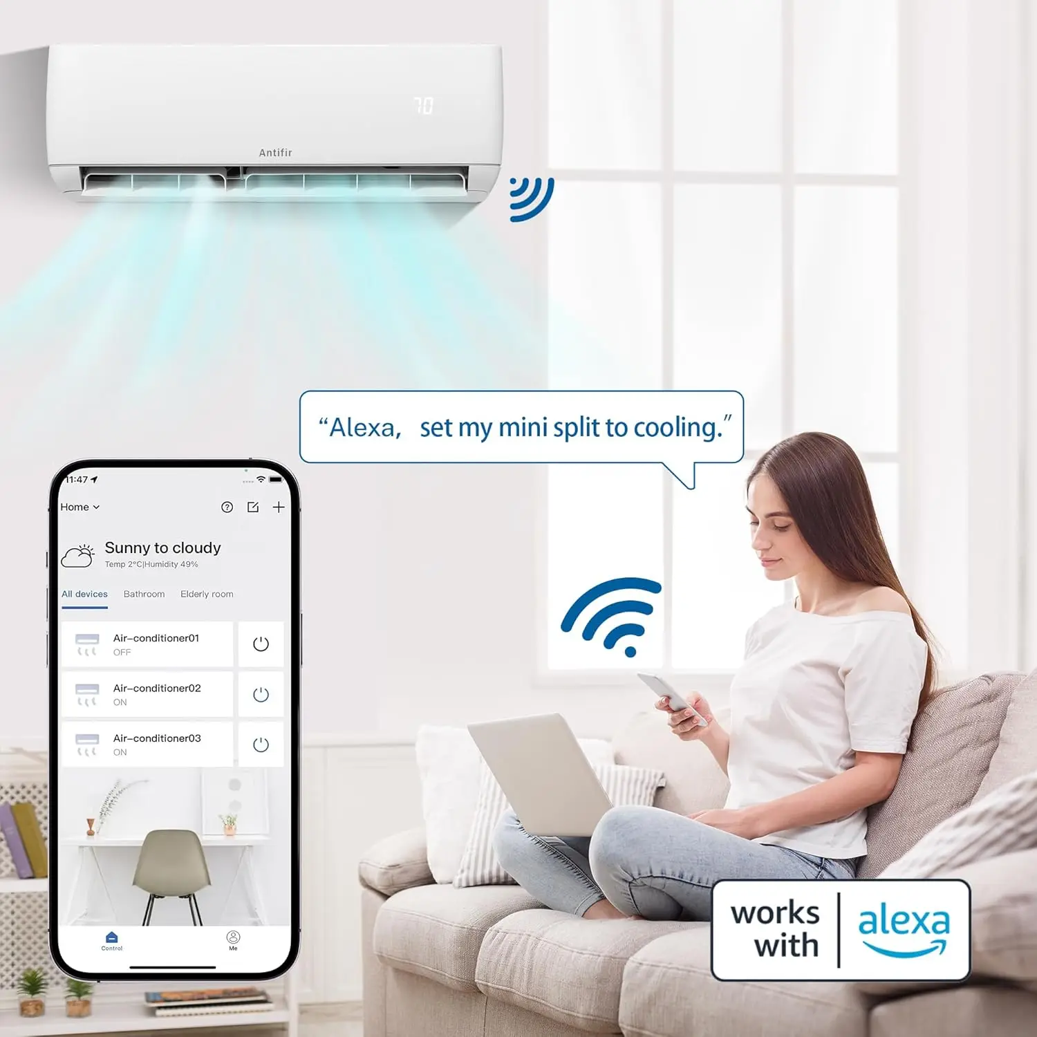 Wifi Enabled ,Mini Splits Heating and Cooling,Wall Mount Ductless Inverter System, Compatible with Alexa, with Installation Kit