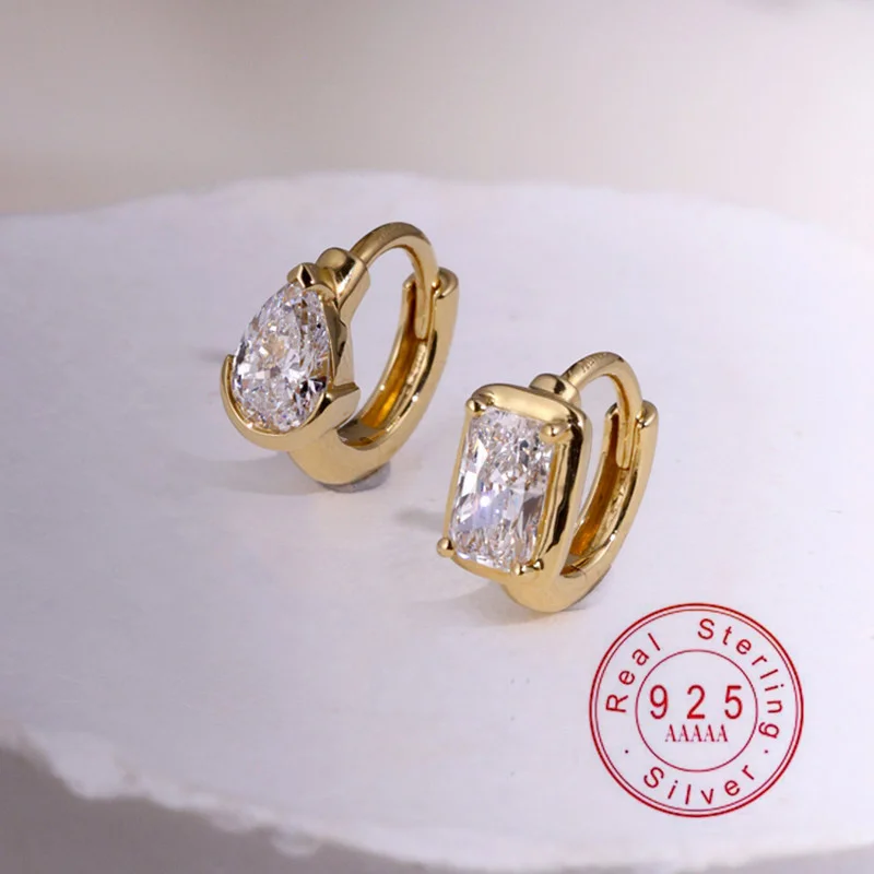 925er Sterlingsilber, 18 Karat vergoldete Creolen für Damen, Birnen- und Rechteck-Schliff, AAAAA Zirkonia, einzelner Huggie-Ohrring
