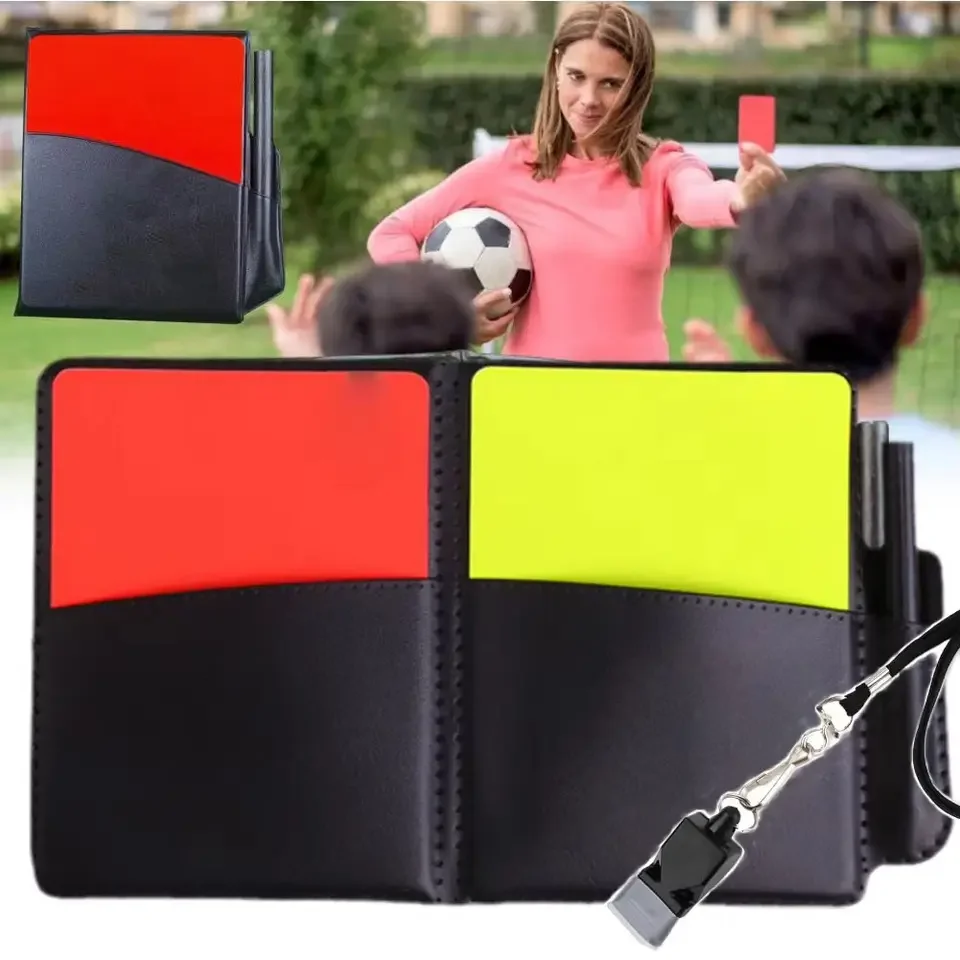 Juego de tarjetas rojas y amarillas para árbitro de fútbol, equipo de árbitro de fútbol con estuche de cuero, papel de registro y silbato
