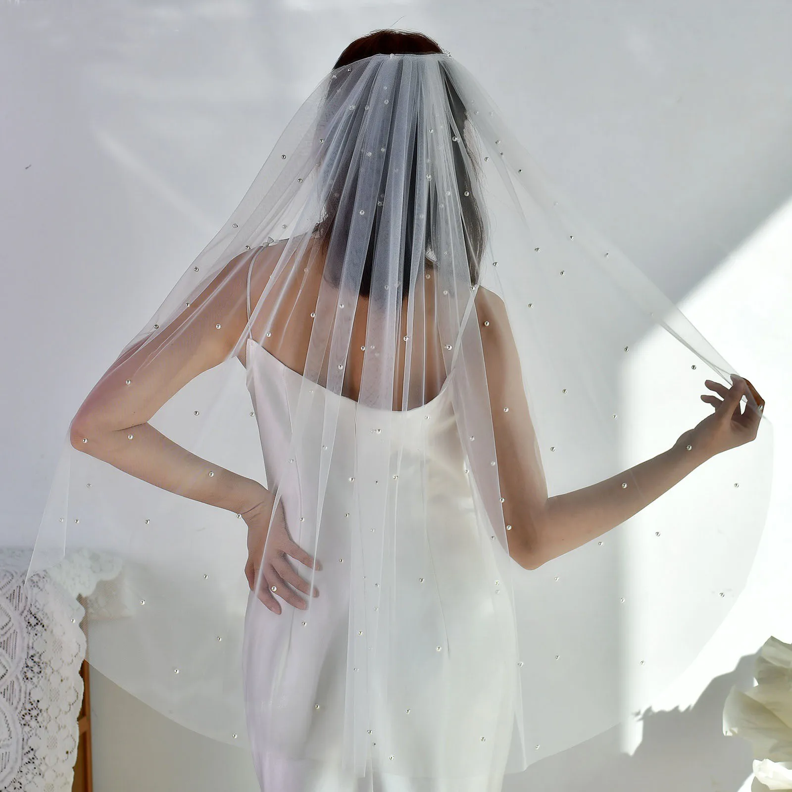 Elegant 100CM Women Pearl Beaded Wedding Veil Fingertip Length Bridal Veil One Layer Marriage Accessories